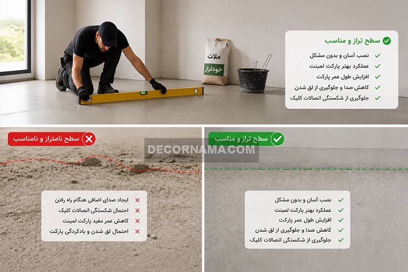 بررسی تراز بودن کف هنگام نصب پارکت لمینت